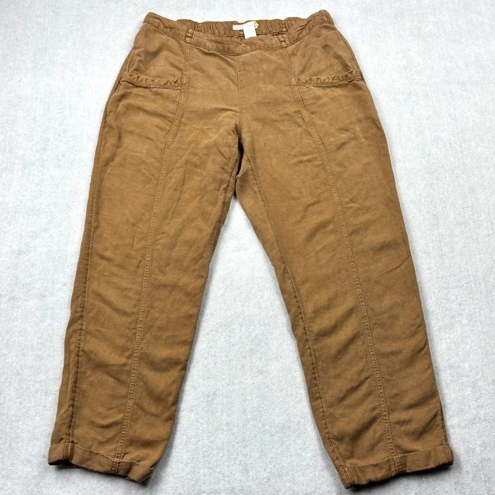 CC California Womens Large Brown Linen Blend Elastic Waist Tapered Ankle Pants